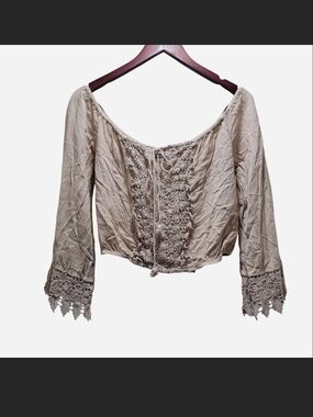 EARTHBOUND Taupe Crochet-Trim Peasant Off-Shoulder Top